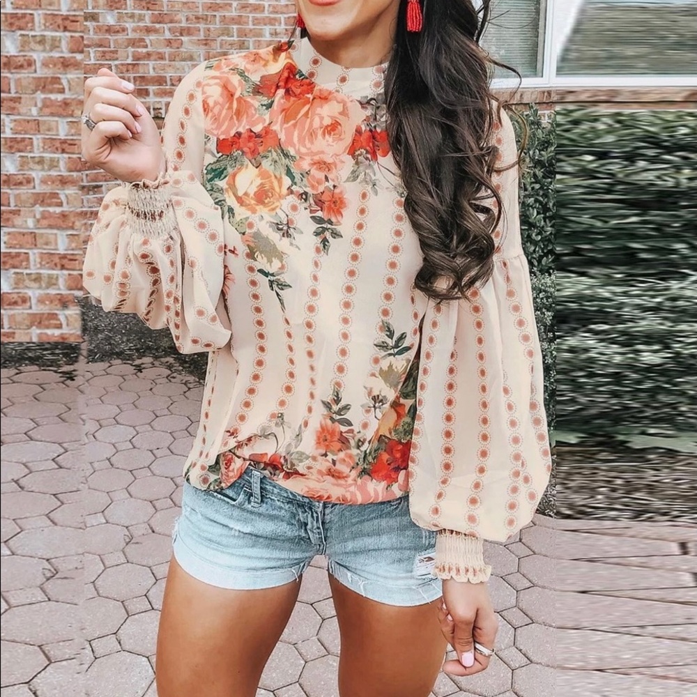 Beige Floral Long Puff Sleeve Blouse